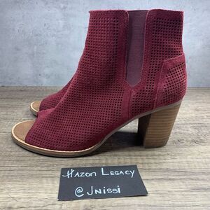 Toms~Women’s~”Majorca” Burgundy Suede Perforated Ankle Peep Toe Heel~Ss 9.5